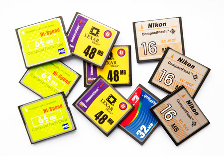 Sofia, Bulgaria - July 22, 2014: Multiple Compact flash memory cards on white background.のeditorial素材