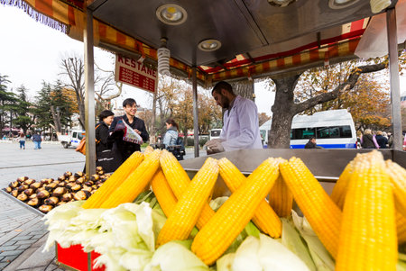 Istanbul, Turkey - November 14, 2014: A manual worker is selling baked chestnuts and boiled corn to the tourists in Istanbul, Turkey.のeditorial素材