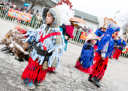 Pernik, Bulgaria - January 31, 2015: Participants are participating in the International Festival of Masquerade Games Surva. The festival promotes variations of ancient Bulgarian and foreign customs and masks that are still alive today.のeditorial素材