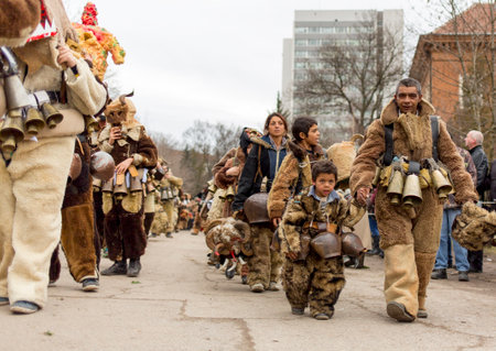 Pernik, Bulgaria - January 31, 2015: Participants are participating in the International Festival of Masquerade Games Surva. The festival promotes variations of ancient Bulgarian and foreign customs and masks that are still alive today.のeditorial素材