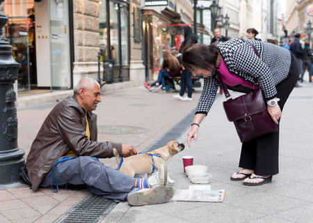 Budapest, Hungary - April 30, 2015: An old man is begging in front of a fashion shop in a main street in Budapest, Hungary.のeditorial素材