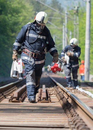 Firefighters are approaching a chemical cargo train crash near Sofia, Bulgaria. Teams from Fire...