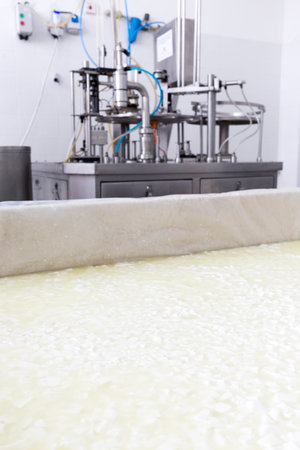 A buffalo cheese batch in a tank in a small family creamery. The dairy farm is specialized in...
