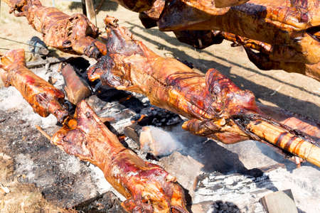 Traditional Bulgarian roasting lamb barbecue. It is roasted meat over an open fire, cooked in a special way. Most often the barbecue is prepared of a ram, lamb, goat or sheep and processed by the slasher.の写真素材