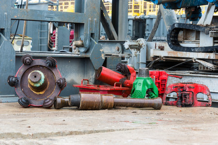 A drilling machine in a gas field. Close-up of the head mechanism and parts of the platform.