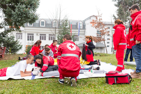 Sofia, Bulgaria - December 5, 2015: Volunteers from the Bulgarian Red Cross Youth Organization are participating in a training of saving people from a building during an earthquake.のeditorial素材