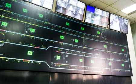 Control room for the subways of Sofia, Bulgaria. Traffic maps and video monitoring surveillance...