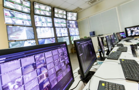 The control room of the subway traffic. Computer monitors.のeditorial素材