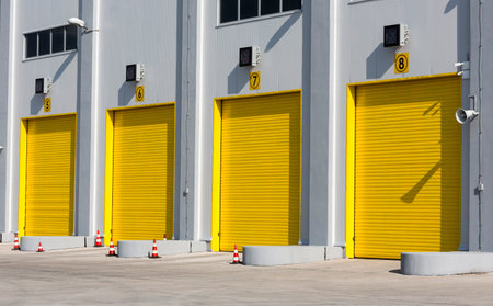 Four yellow garage doors for high industial cargo trucks.のeditorial素材