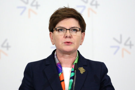 Prague, Czech Republic - February 15, 2016: The Prime Minister of Poland Beata Szydlo is speaking during a press conference after meeting of The Visegrad Group (V4) in Prague, Czech Republic.のeditorial素材