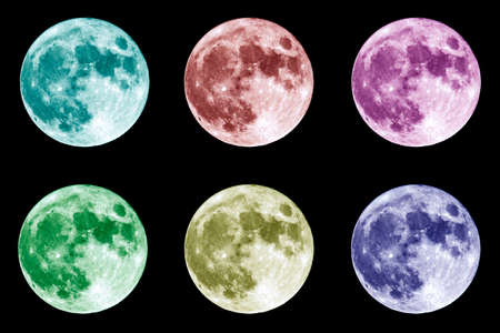 Six different colors collage of the full Moon is seen isolated on a black background. High contrast, high resolution image taken with a full frame dslr camera. The moon in cyan, red, magenta, green yellow and blue colours.の写真素材