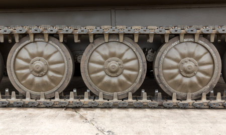 Bulgarian army battle tank. Tank Tread with Wheels.の写真素材