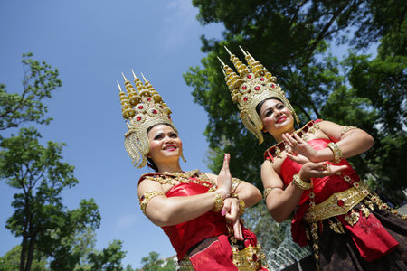 Sofia, Bulgaria - May 19, 2016: Two female performers are showing traditional Thailand clothes and jewelries during a "Day of Thai culture" in Sofia.のeditorial素材