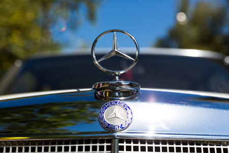 Sofia, Bulgaria - August 14, 2016: Retro Mercedes-Benz car logo and emblem on an attique car at a...
