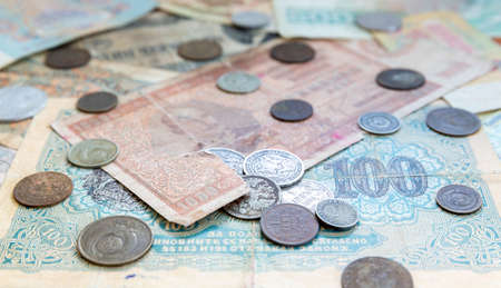 Silver coins, USSR coins and banknotes. Expired Bulgarian banknotes. Old expired money. Bulgarian leva and Soviet Union Russian kopek, kopeck, copeck, kopeyka.の写真素材