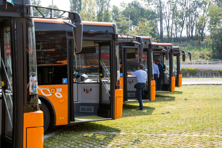 Sofia, Bulgaria - August 31, 2016: New modern busses for public transportation are shown in a row in...