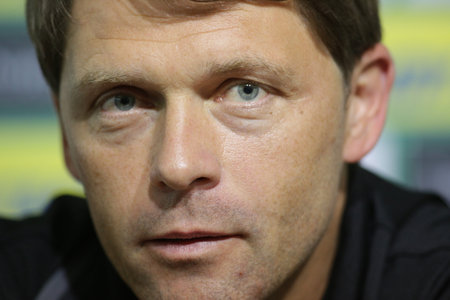 Sofia, Bulgaria - September 5, 2016: Manager of Luxembourg's national football team Luc Holtz is speaking to the media during a press conference the day before the match between Bulgaria and Luxembourg.のeditorial素材