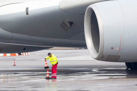 Sofia, Bulgaria - October 16, 2016: Lufthansa Airbus A380 airplane at Sofia's airport. Airport workers in front of the airplane's engine.のeditorial素材