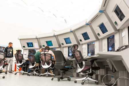 Sofia, Bulgaria - September 12, 2016: Air traffic controllers at work in the flight control tower at Sofia's airport.のeditorial素材