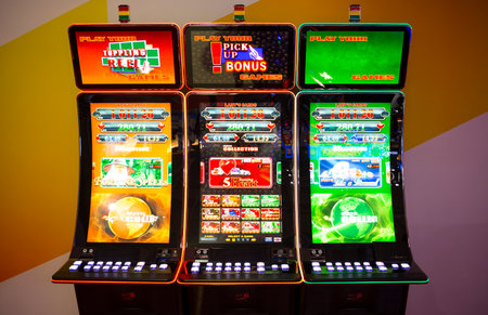 Sofia, Bulgaria - November 24, 2016: Gaming slot machines at an exhibition for casino machines and gambling equipment in Inter Expo Center in Sofia.のeditorial素材