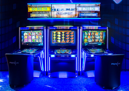 Sofia, Bulgaria - November 24, 2016: Gaming slot machines at an exhibition for casino machines and gambling equipment in Inter Expo Center in Sofia.のeditorial素材
