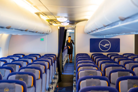 Sofia, Bulgaria - October 16, 2016: The inside of Lufthansa Airbus A380 airplane. The Airbus A380 is a double-deck, wide-body, four-engine jet airliner.のeditorial素材