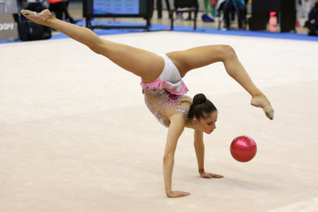Sofia, Bulgaria - 10 March, 2017: Individual rhythmic gymnast Neviana Vladinova acts during qualifications for national tournament in Sofia.のeditorial素材
