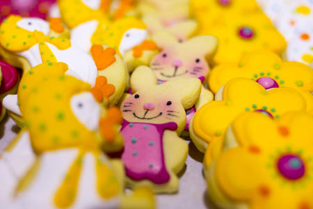 Easter sweet candies - ducks, rabbits and flowers. Focus on the rabbit. Hand made art. Extremely tasty and delicious desserts. Sweets full with sugar. Unhealthy food diet.の写真素材