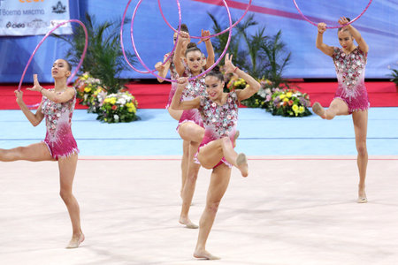 Sofia, Bulgaria - 7 May, 2017: Team Bulgaria performs during Rhythmic Gymnastics World Cup Sofia 2017. Group tournament.のeditorial素材