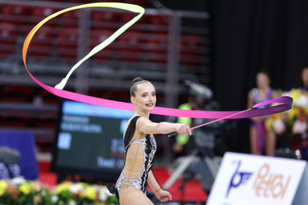 Sofia, Bulgaria - 6 May, 2017: Camilla Feeley from USA performs during Rhythmic Gymnastics World Cup Sofia 2017. Individual tournament.のeditorial素材