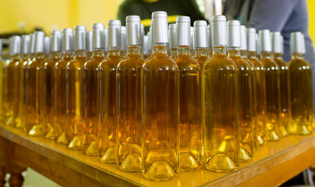 White wine bottles in a winery ordered for labeling before packed and shipped for sale.