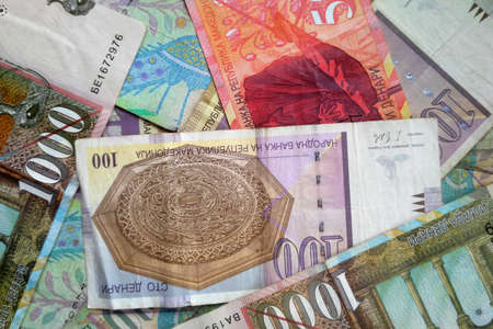 Macedonian denar money banknotes stacked and photographed from above.の写真素材