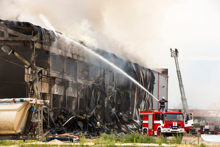 Fire disaster in a warehouse. Fire fighting in an industrial area. Red fire truck.