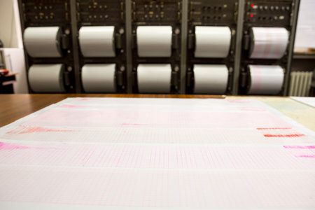 Seismograph records an earthquake on the sheet of measuring paper. Seismological device for...