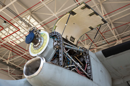 Aircraft engine maintenance. Airplane engine with propeller gets a repair. Military jet.