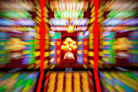 Slot machines in casino equipment exhibition. Zoom out effect.