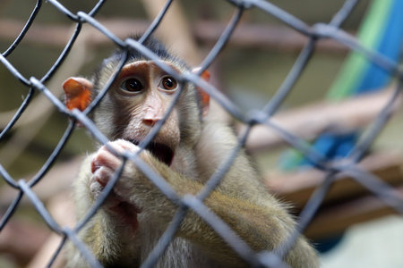 Monkey in captivity behind a metal fence.