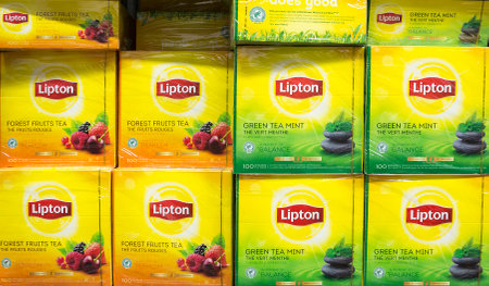 Sofia, Bulgaria - 19 December 2018: Different sorts of Lipton Tea Boxes on a shelf.のeditorial素材