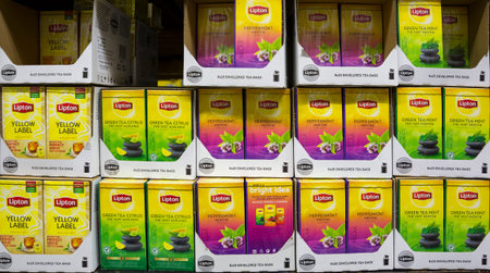 Sofia, Bulgaria - 19 December 2018: Different sorts of Lipton Tea Boxes on a shelf.
