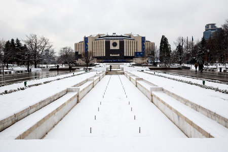 Sofia, Bulgaria - 15 January 2018: National Palace of Culture (NDK) is seen in a snowy day. The building is the main event center for Bulgarian Presidency of the Council of the European Union.のeditorial素材
