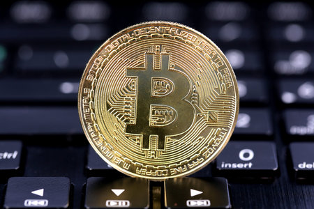 Virtual cryptocurrency money Bitcoin golden coin on a computer keyboard.