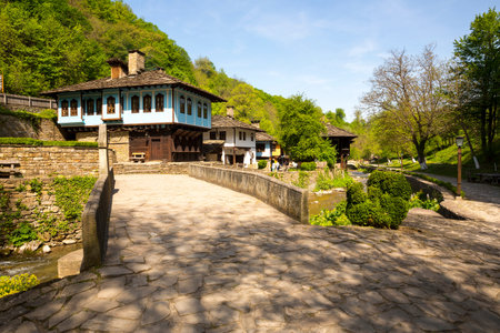 Old blue traditional Bulgarian house. Bulgarian architecture from the past. Village of Etar.