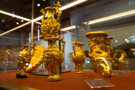 Panagyurishte Treasure consists of a phiale, an amphora, three oinochoai and four rhytons with total...