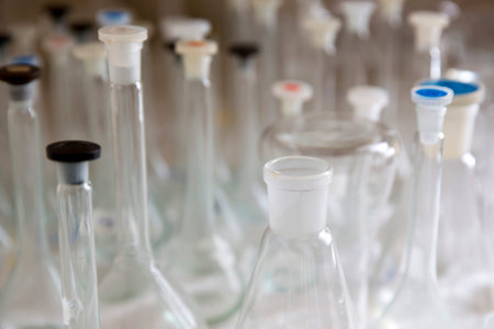 Lab glass tubes in a chenmistry laboratory. Equipment.