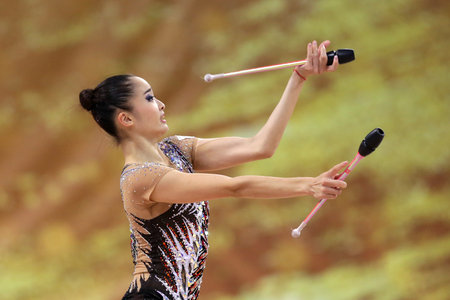 Sofia, Bulgaria - 14 September, 2018: Kaho MINAGAWA from Japan performs with clubs during The 2018 Rhythmic Gymnastics World Championships. Individual tournament.のeditorial素材