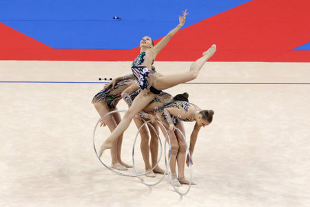 Sofia, Bulgaria - 16 September, 2018: Team Belarus performs during The 2018 Rhythmic Gymnastics World Championships. Group tournament.のeditorial素材