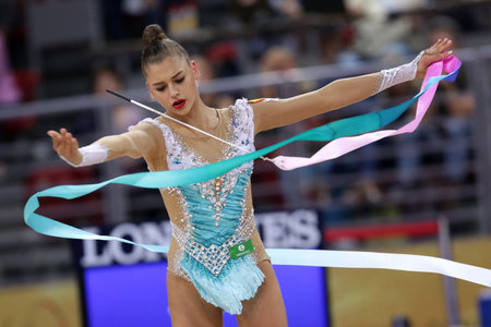Sofia, Bulgaria - 14 September, 2018: Aleksandra SOLDATOVA froom Russia performs with ribbon during The 2018 Rhythmic Gymnastics World Championships. Individual tournament.のeditorial素材