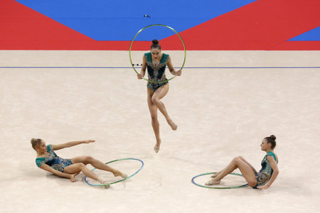 Sofia, Bulgaria - 16 September, 2018: Team Bulgaria performs during The 2018 Rhythmic Gymnastics World Championships. Group tournament.のeditorial素材