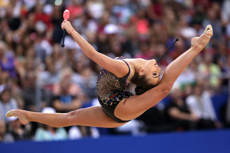 Sofia, Bulgaria - 14 September, 2018:  Katrin TASEVA from Bulgaria performs with clubs during The 2018 Rhythmic Gymnastics World Championships. Individual tournament.のeditorial素材