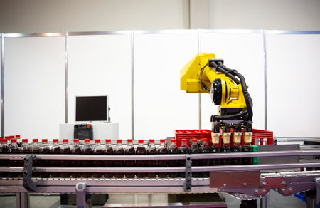 Yellow robotic arm arranges plastic soda bottles in ? packing case. Automatic industrial machinery equipment.のeditorial素材